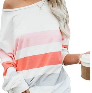 Off the shoulder color block long sleeve shirt